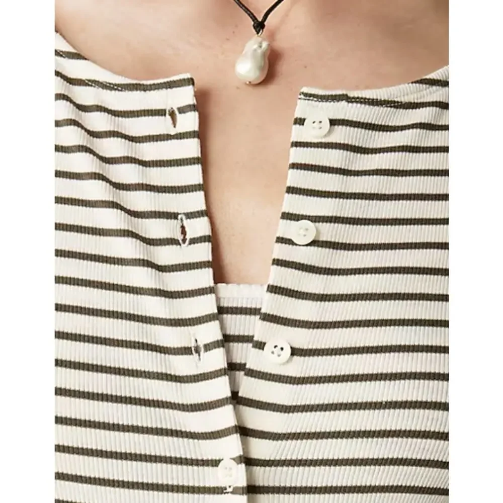 J Crew Fine Rib Knit Cardigan XS NWOT White Olive Green Button Top CI343 J.Crew